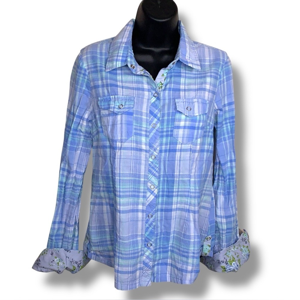 Y2K Large Juniors LEI Blue Plaid Western Shirt Long Sleeve Snap Button Closure
